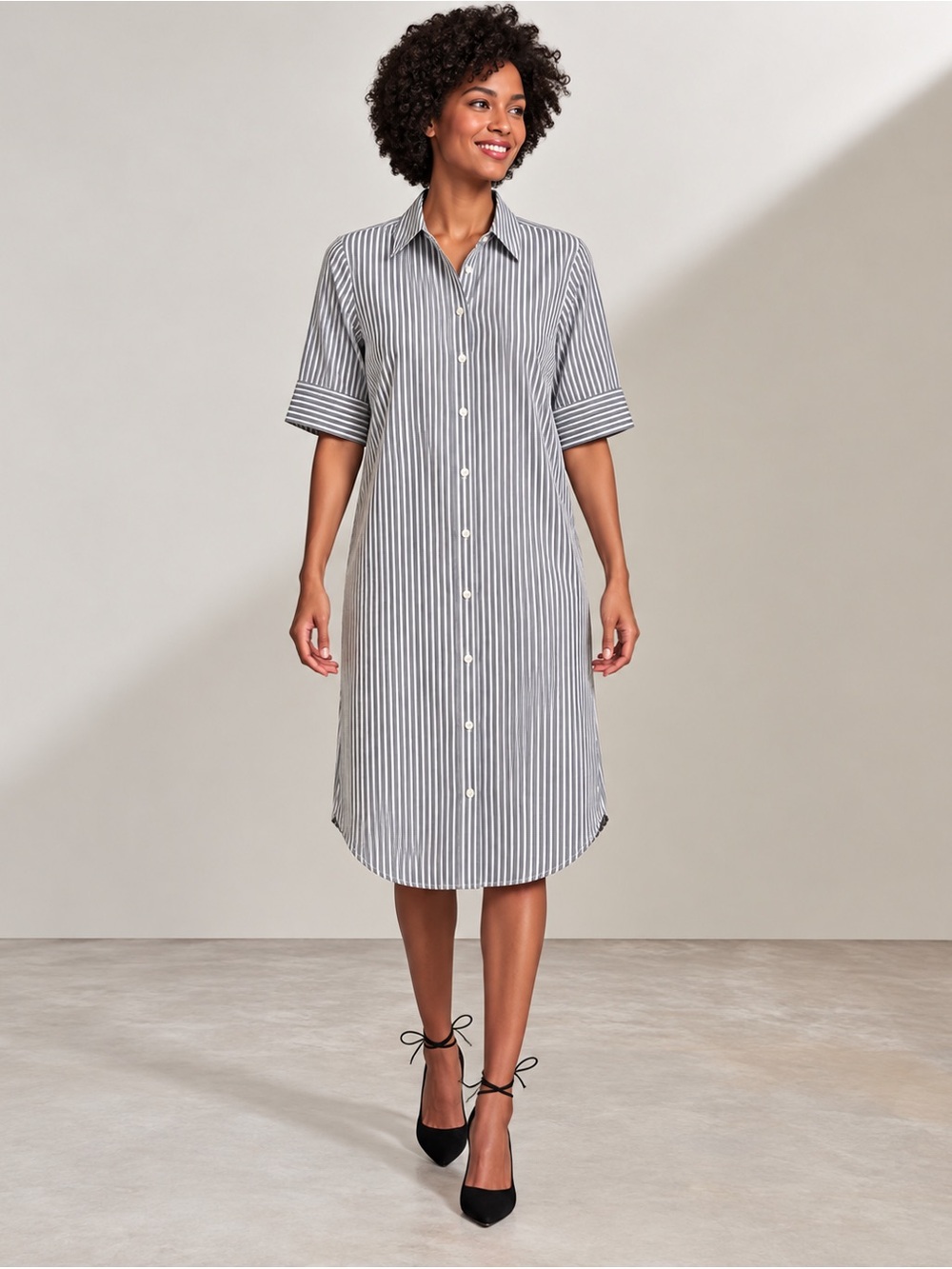 ANTONIO MELANI Gray Striped Button-Front Midi Dress Size 6